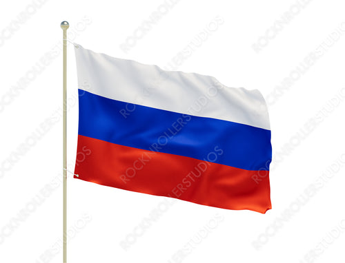 Proud Russian Tricolor Flag Fluttering High on Flagpole. Transparent PNG