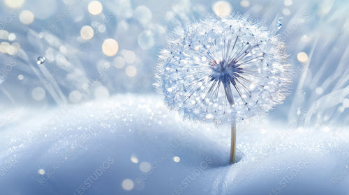 Delicate Dandelion Seed Covered in Frost on Snowy Field with Winter Lights in the Background