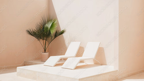 Relaxing Sunlounger Setup with Palm Plant in Bright Space