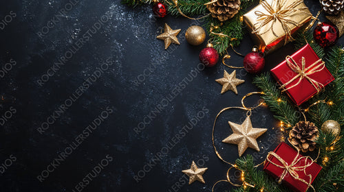 Festive Christmas Gift with Pine Cones, Ornaments, and Red Ribbon on a Dark Background