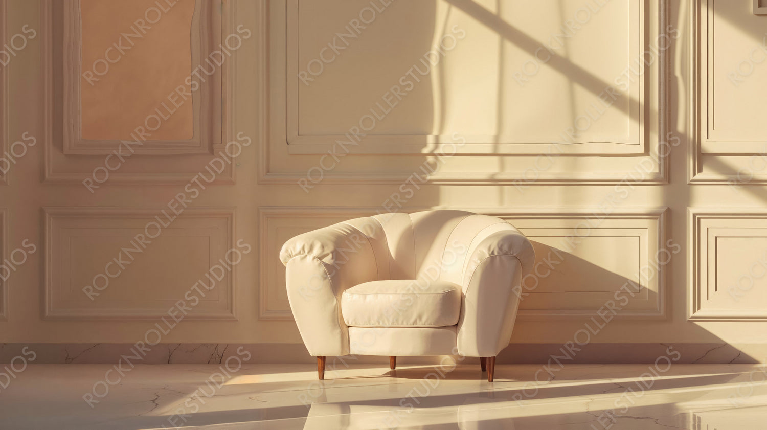 Luxurious White Armchair in Elegant Sunlit Living Room Interior