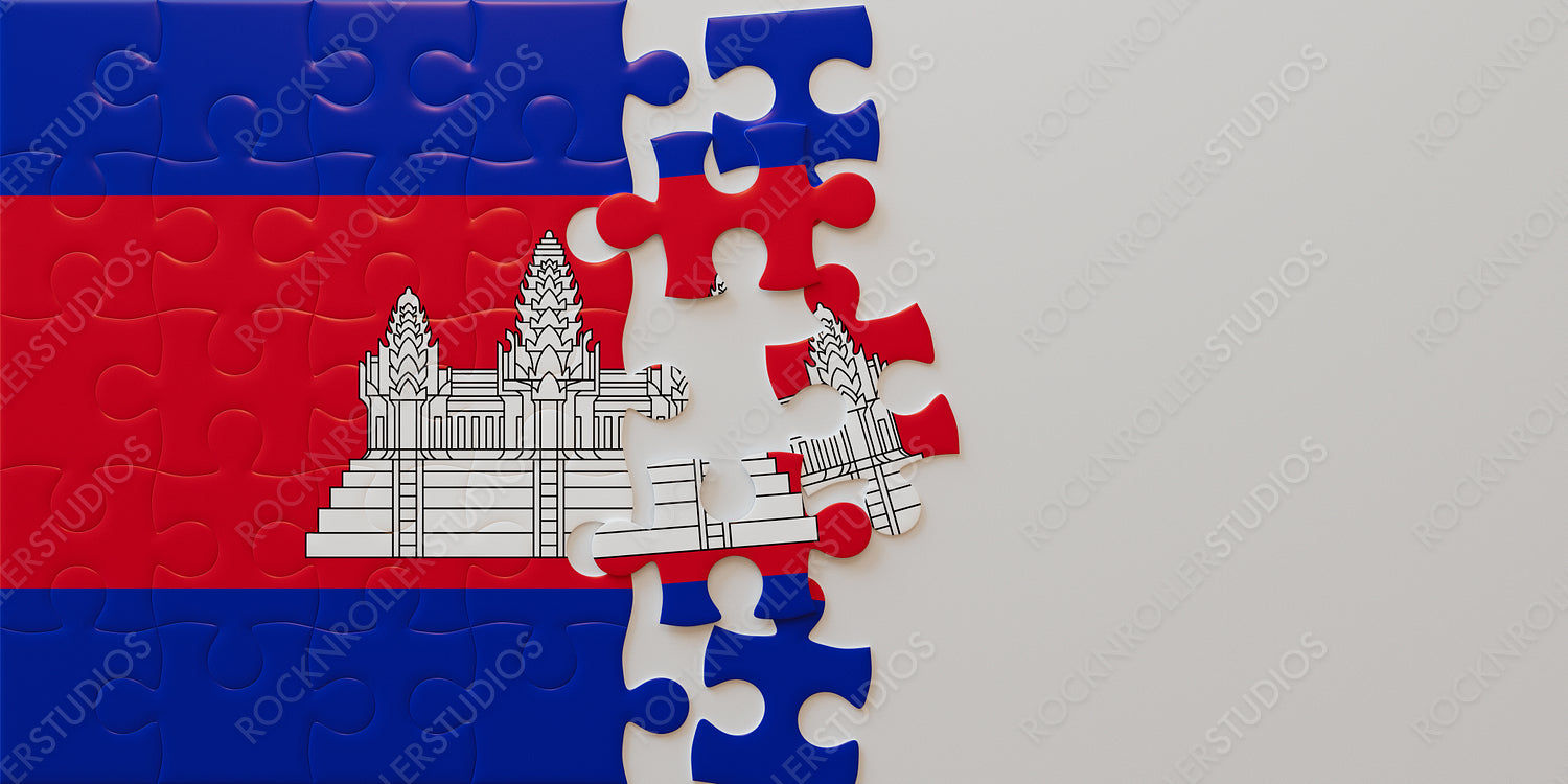 Creative Jigsaw Puzzle of Cambodia's National Flag with Angkor Wat Emblem - Incomplete Assembly