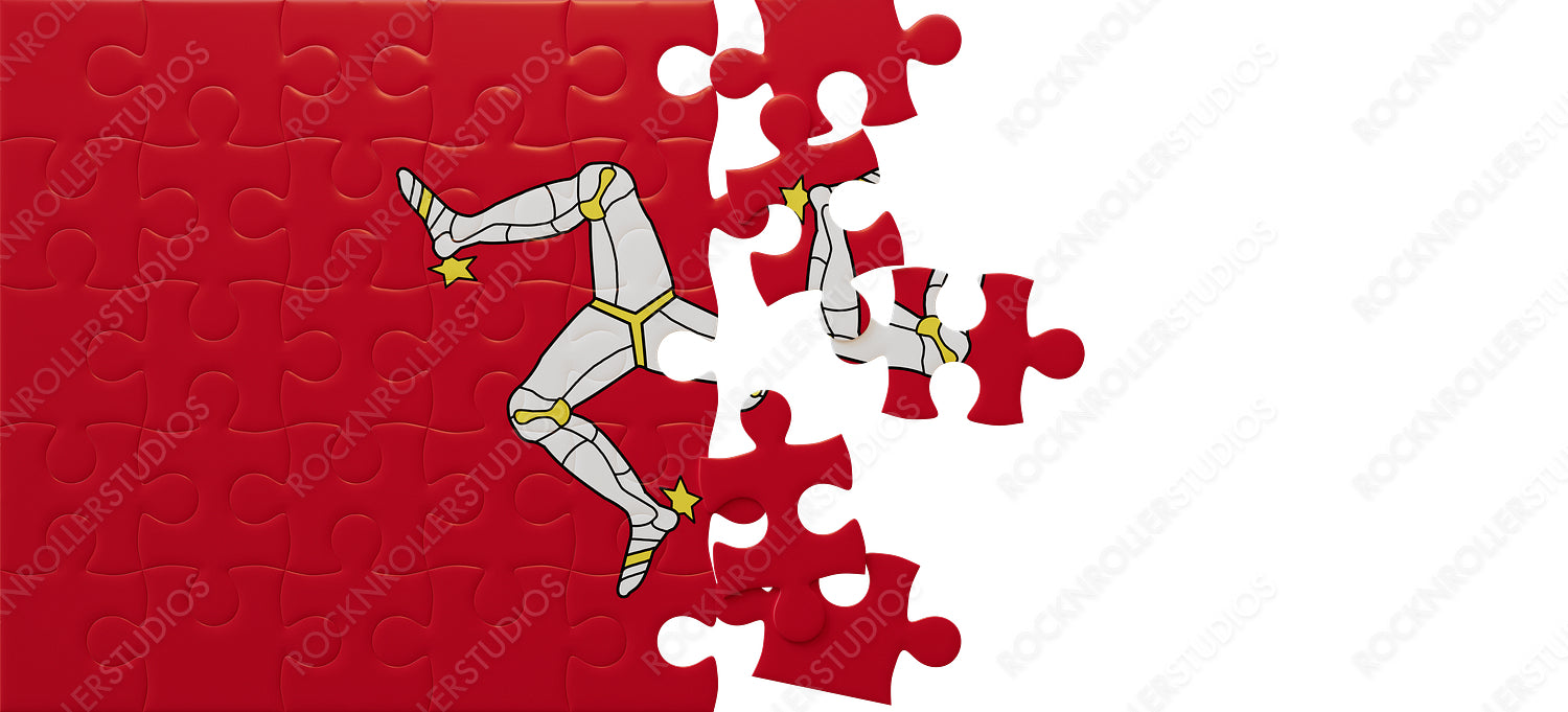 Dynamic Superhero Puzzle: Assembling the Isle of Man Flag in Creative Jigsaw Style