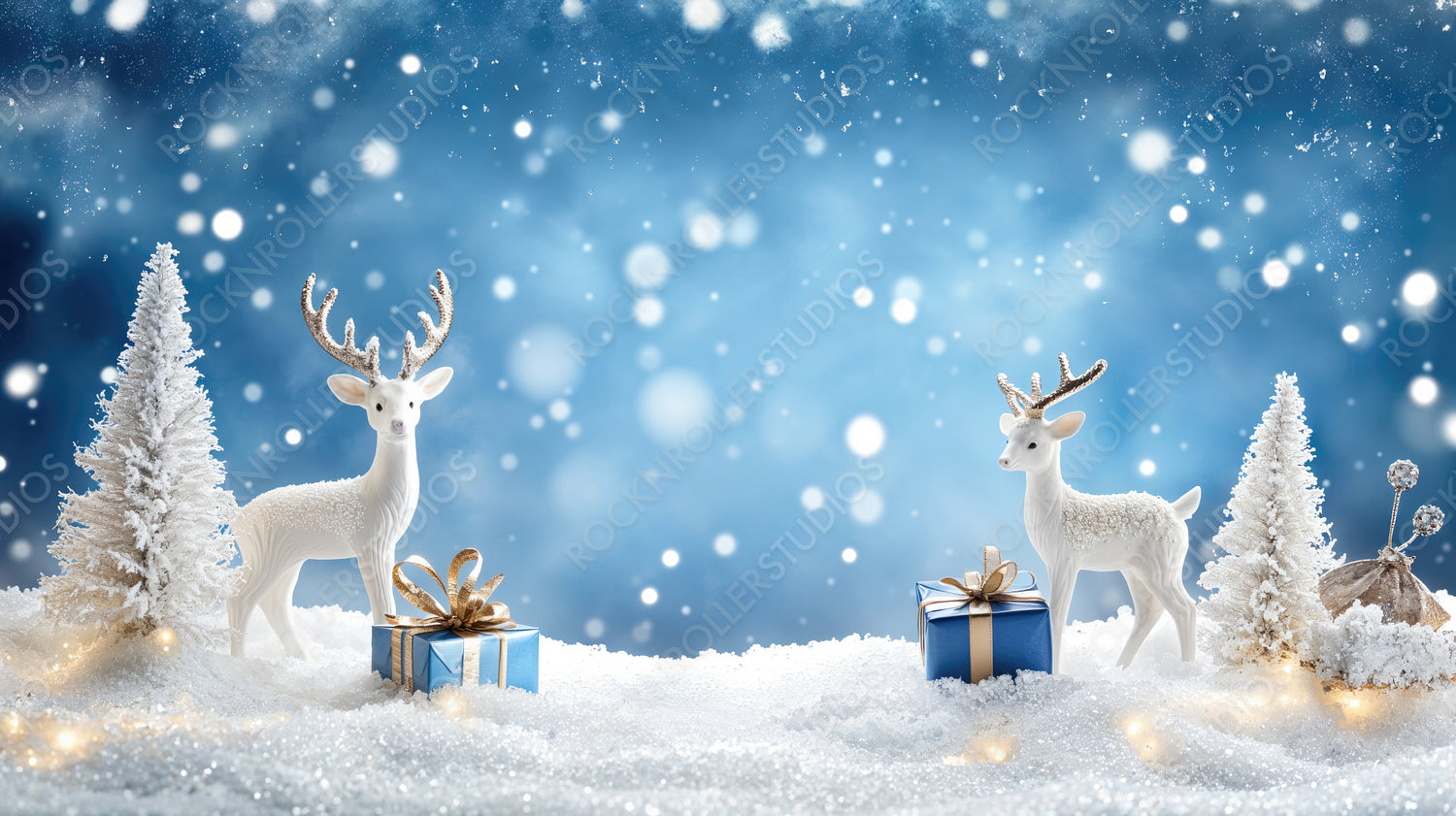 White Reindeer Figurine Standing in Snowy Landscape with Blue Snowflakes and Present