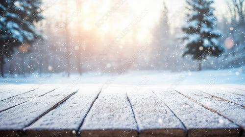 Snowy Wooden Surface with Falling Snowflakes and Blurred Winter Forest Background