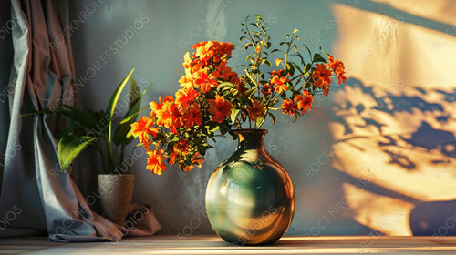 Vibrant Orange Flowers in Green Vase on Sunlit Table