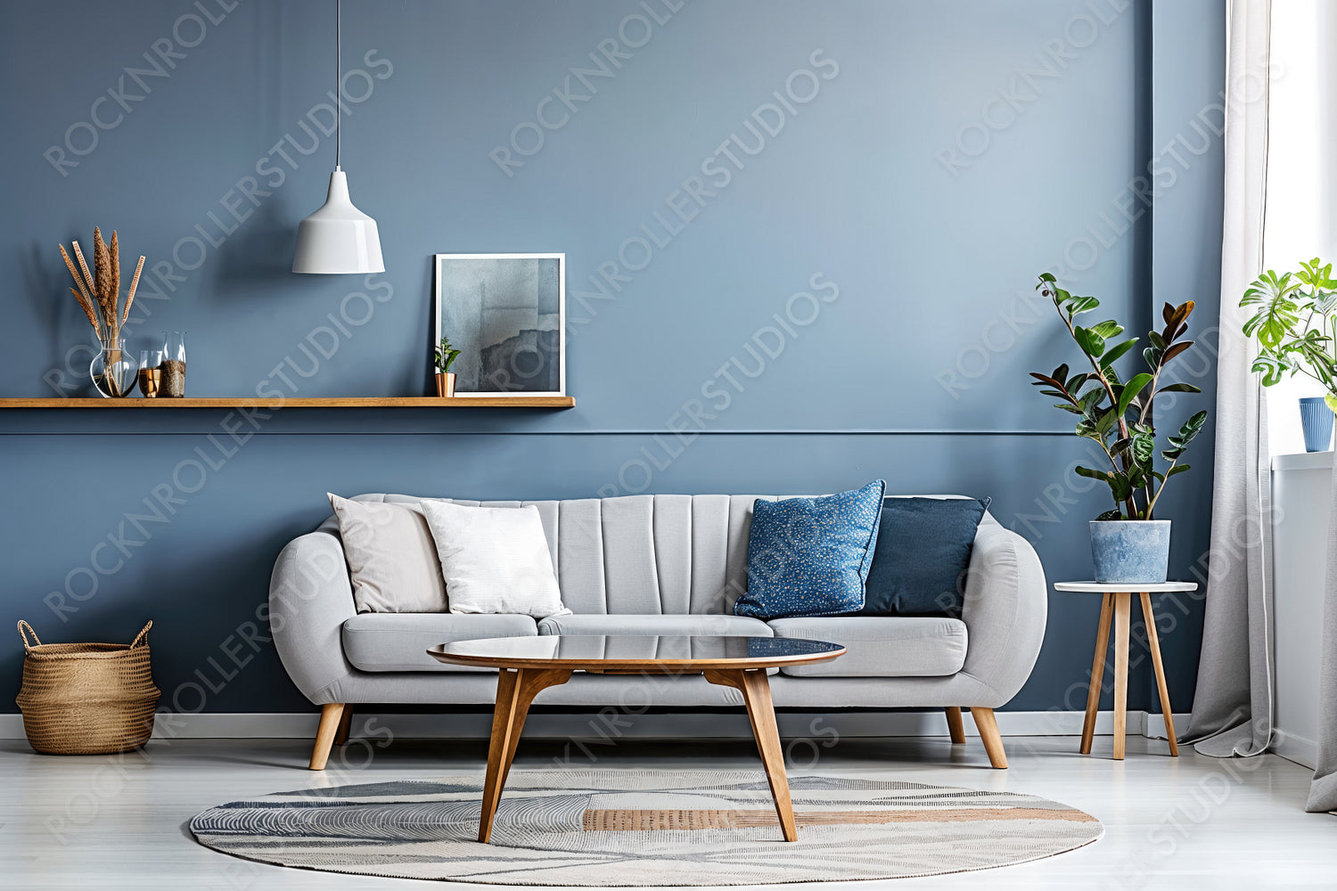 Chic Modern Living Room with Serene Blue Palette and Stylish Decor