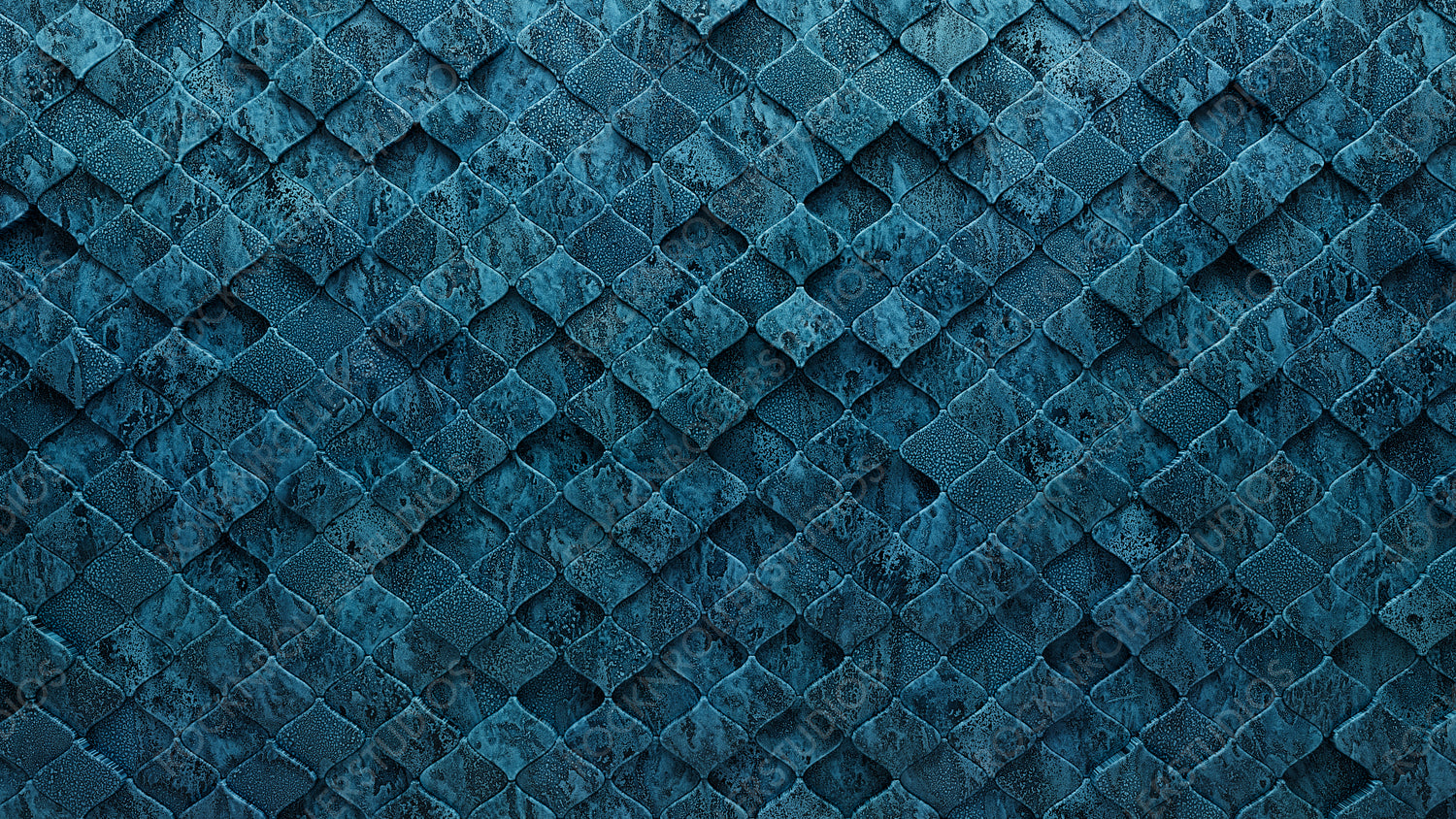 Glazed, 3D Wall background with tiles. Arabesque, tile Wallpaper with Blue Patina, Polished blocks. 3D Render