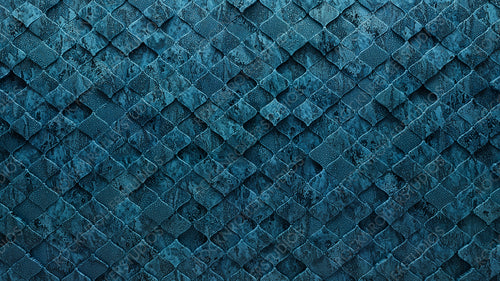 Glazed, 3D Wall background with tiles. Arabesque, tile Wallpaper with Blue Patina, Polished blocks. 3D Render
