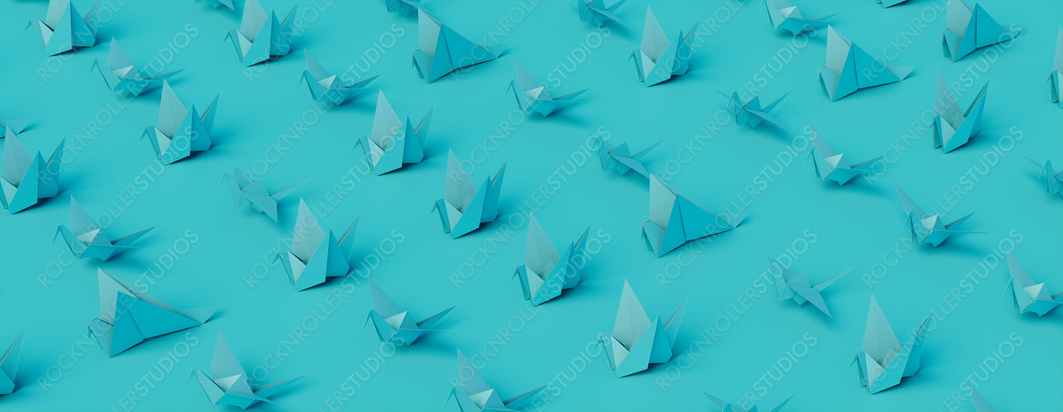 Collection of Turquoise Origami Birds on Turquoise Background. Modern Design with Folded Paper Birds.