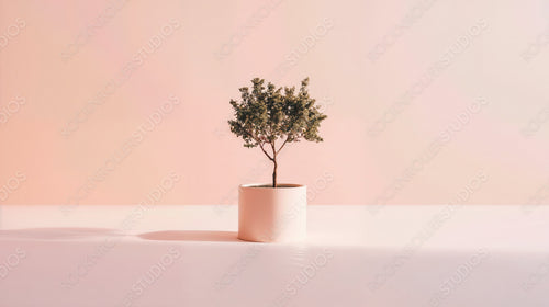 Mindfulness and Calm with a Potted Tree in Soft Pink Light