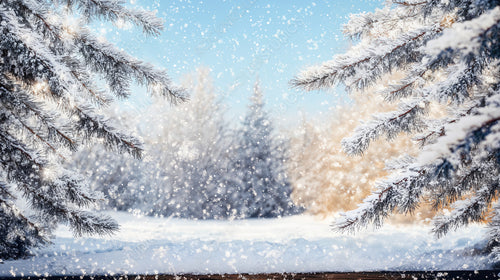 Winter Snow-Covered Pine Branches and Wooden Table with Frosty Snowflakes in Forest Background