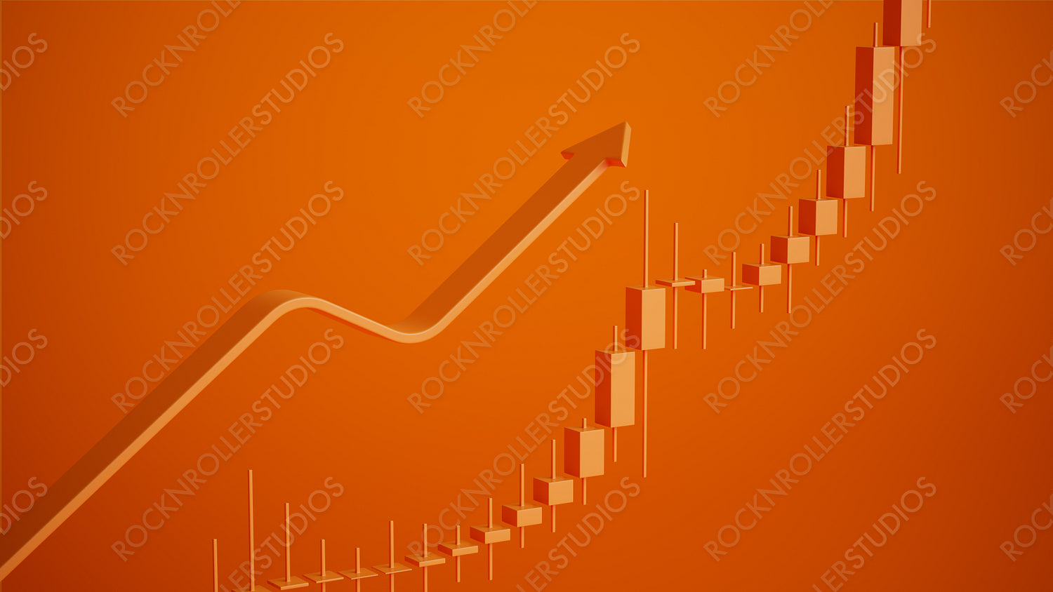 Rising Financial Success: Ascending Arrow and Candlestick Chart on Orange Background