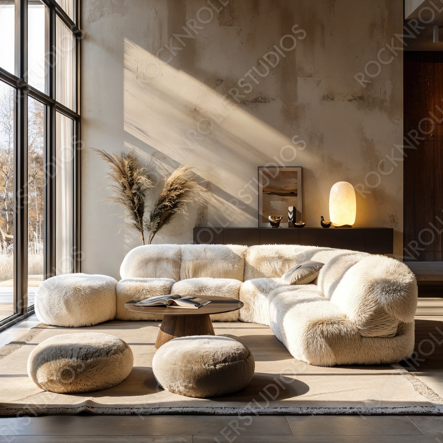 Sunlit Luxury: Cozy Modern Living Room with Plush Seating and Elegant Decor
