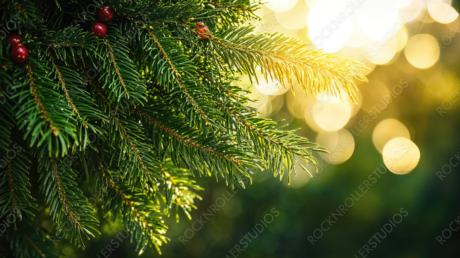 Sunset Glow on Pine Branches with Bokeh Lights in Forest