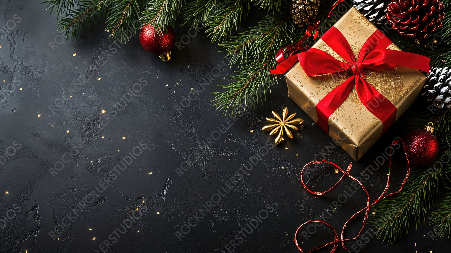 Elegant Christmas gift box with red ribbon nestled among festive ornaments and greenery