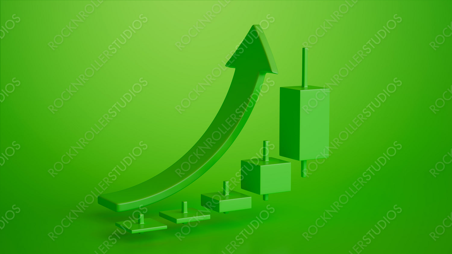 Ascending to Success: 3D Financial Growth Chart with Rising Arrow and Bar Graphs on Green Background