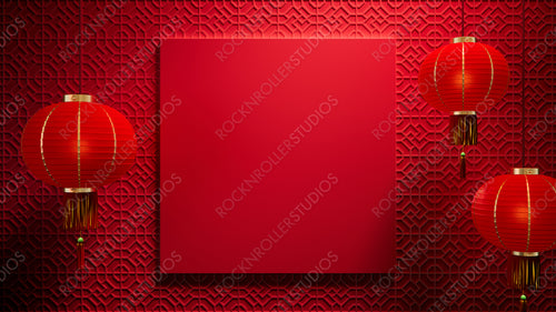 Lunar New Year Template with Square Frame and Lanterns on 3D Patterned Background. Red Eastern design with copy-space.