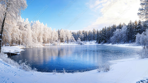 Tranquil frozen lake surrounded by snow-covered trees under a vibrant winter sky