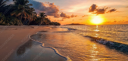 Solitude concept with Serene Sunrise Beach. Scenic Vacation Landscape.