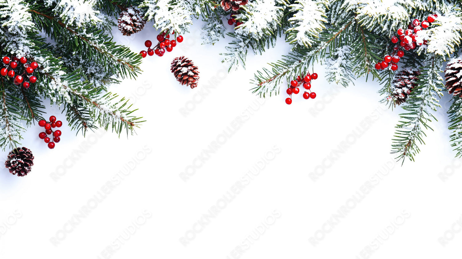 Snow-Dusted Pine Branches with Pinecones and Red Berries Against a White Background