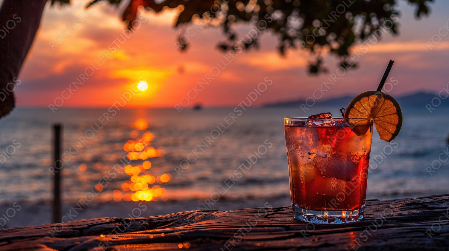 Refreshing Cocktail by the Beach at Sunset - Tropical Drink, Relaxing Evening, Ocean View