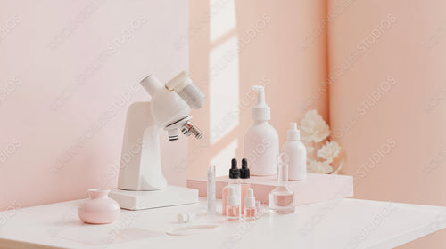 Elegant Scientific Setup with Microscope and Bottles