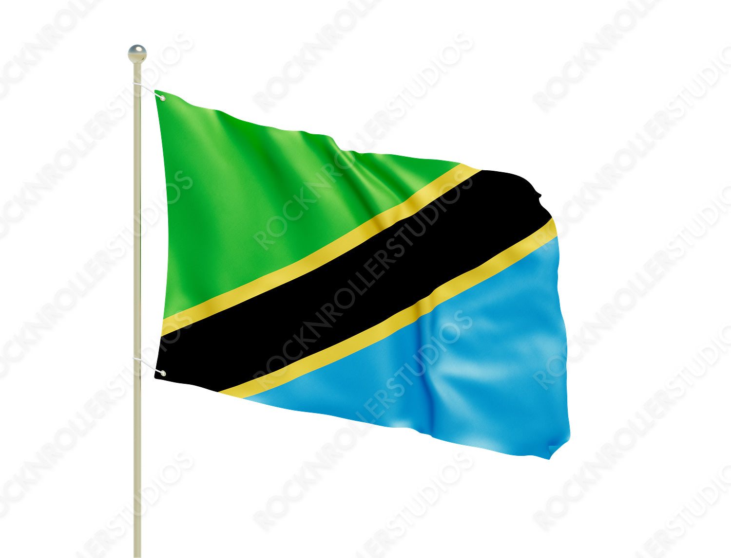 Vibrant Tanzanian Flag on Pole with Bold Black, Yellow, Green, and Blue Colors - Symbol of Africa. Transparent PNG