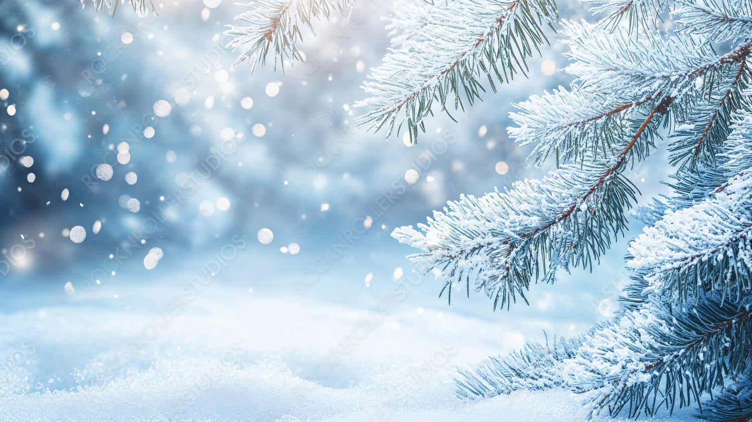 Snow-Covered Pine Branches with Sunlight Streaming Through, Creating a Winter Wonderland Scene