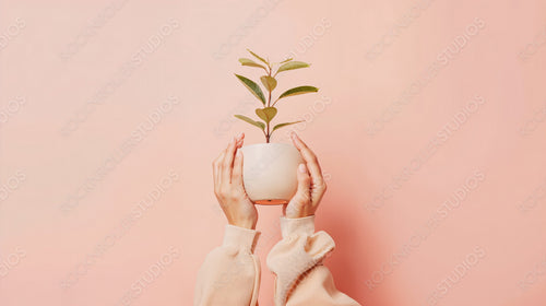 Hands Holding Potted Plant Against Soft Pink Background - Minimalist Nature Concept