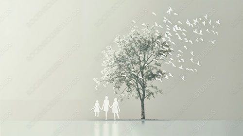 Minimalistic Family Bonding under Nature's Beauty - Silhouette Art with Birds