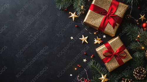 Elegant Christmas Gift Box with Red Ribbon, Pine Cones, and Golden Stars