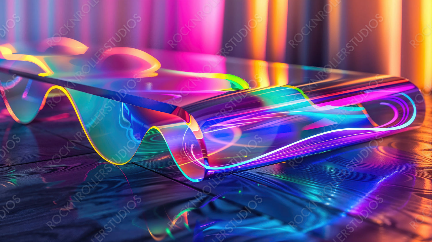 Holographic Wave Coffee Table with Neon Lights in Modern Interior