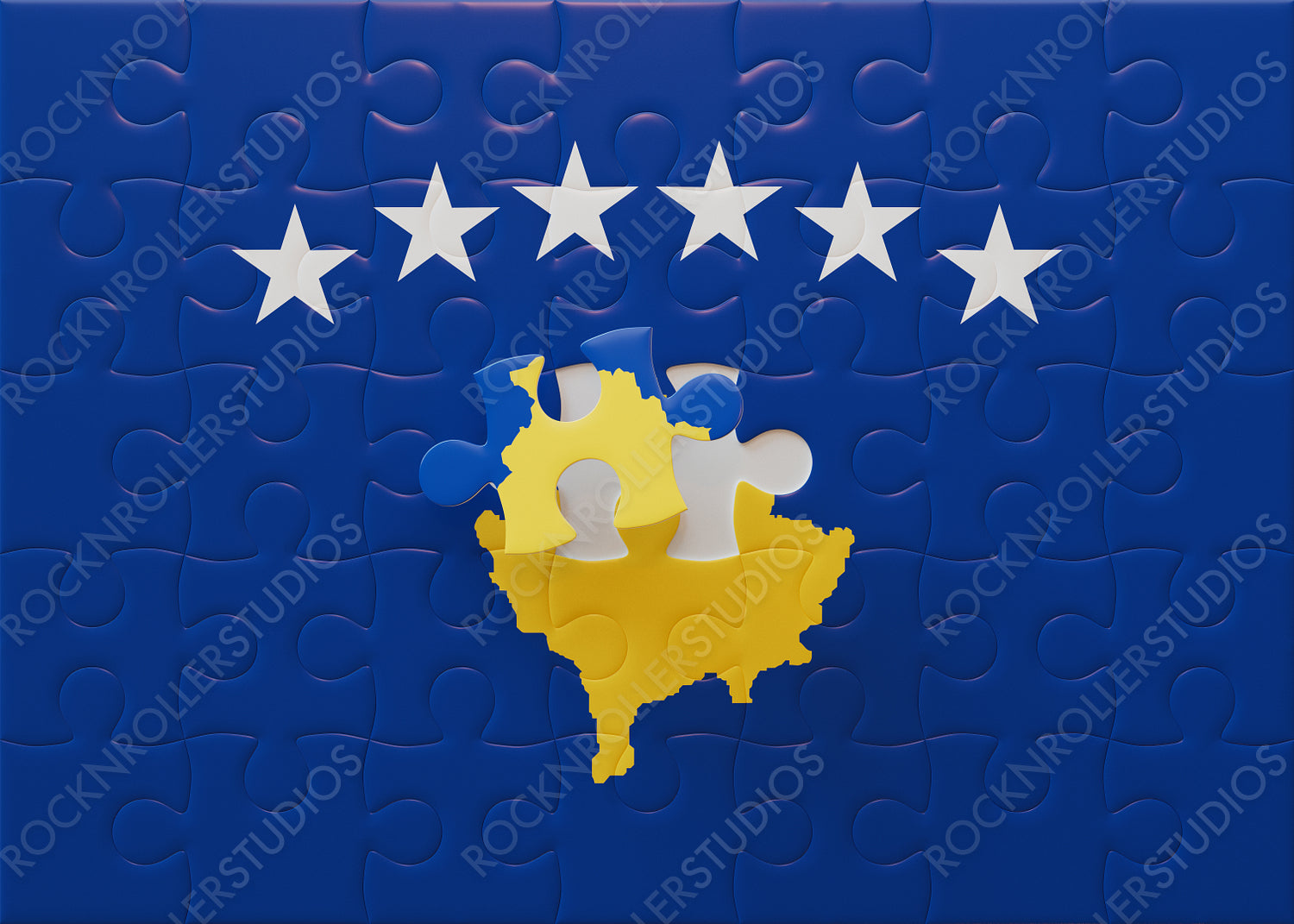 Completing Kosovo: Blue Puzzle Flag with Map and Stars