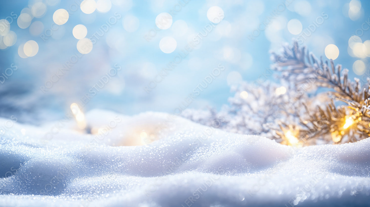 Winter Magic: Soft Snow with Glimmering Lights and Frosted Pine Branches in the Background