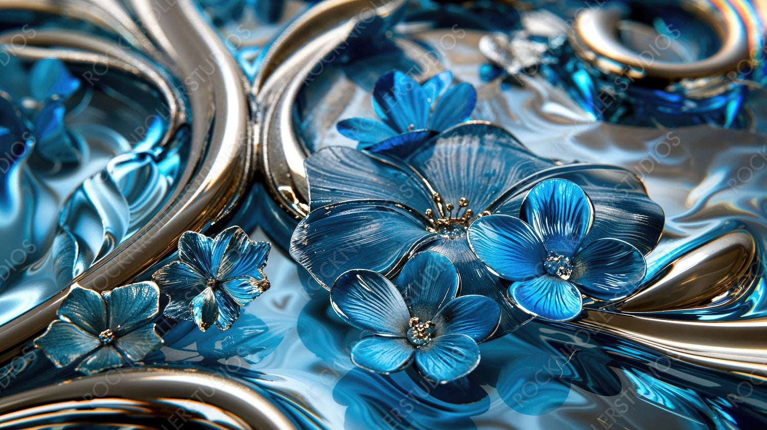 Shiny Blue Flowers in Elegant Metallic Artistic Arrangement
