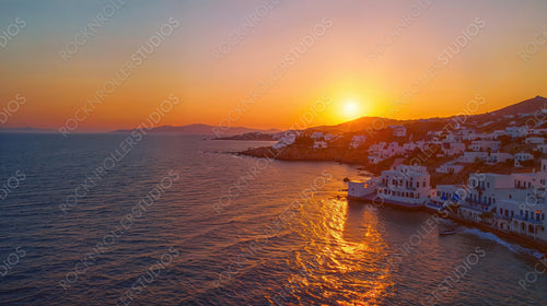 Sunset Over White-Washed Coastal Village with Ocean View