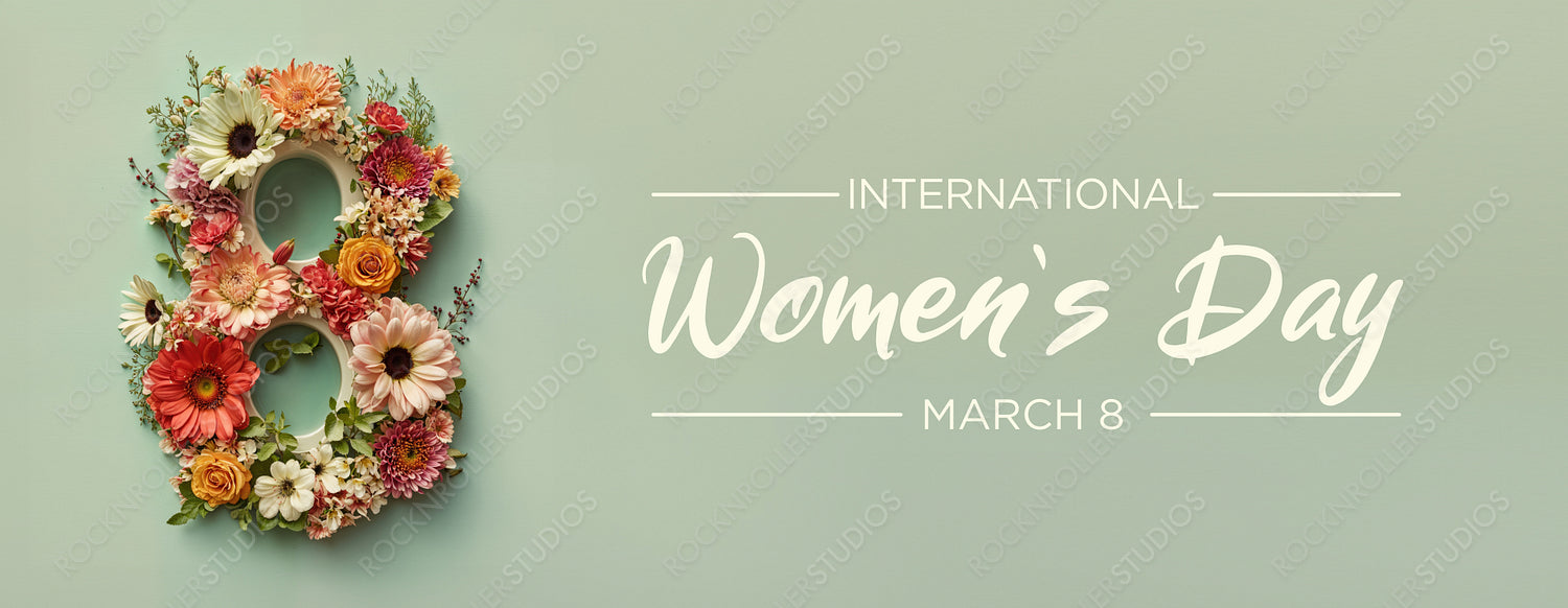 Elegant Botanical Banner to Celebrate International Woman's Day. Green Floral Design with Number 8, Flowers and Caption.