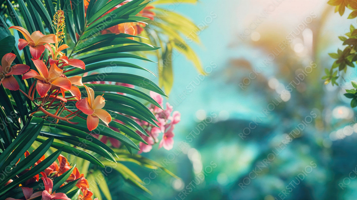 Tropical Bliss: Sunlit Orange Flowers Amidst Lush Green Palm Leaves