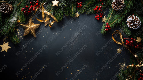 Festive Christmas arrangement with frosted pinecones, red berries, and gold stars on a dark background