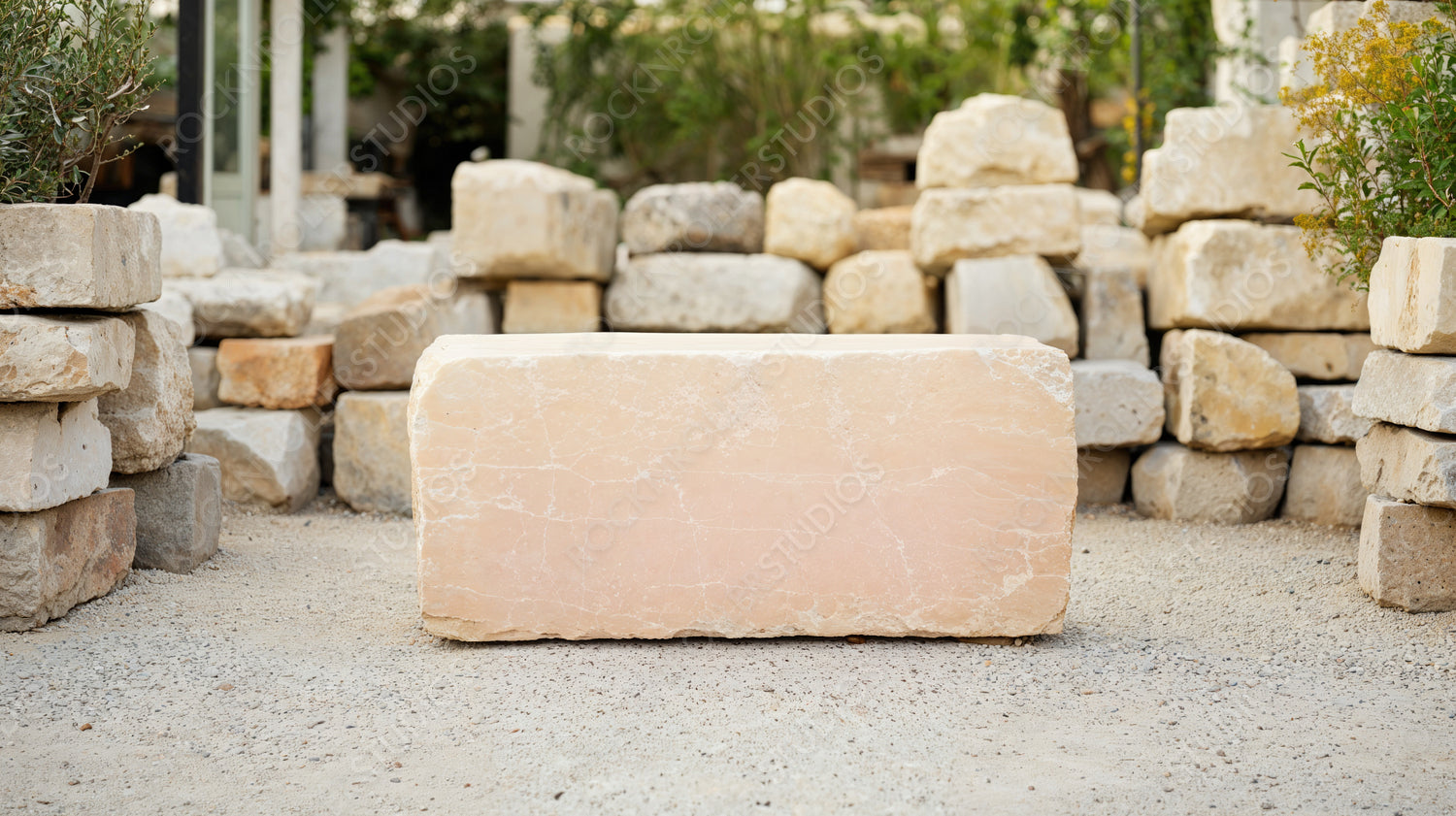 Tranquil Garden Showcase: Polished and Rough-Hewn Stone Blocks in a Serene Outdoor Setting