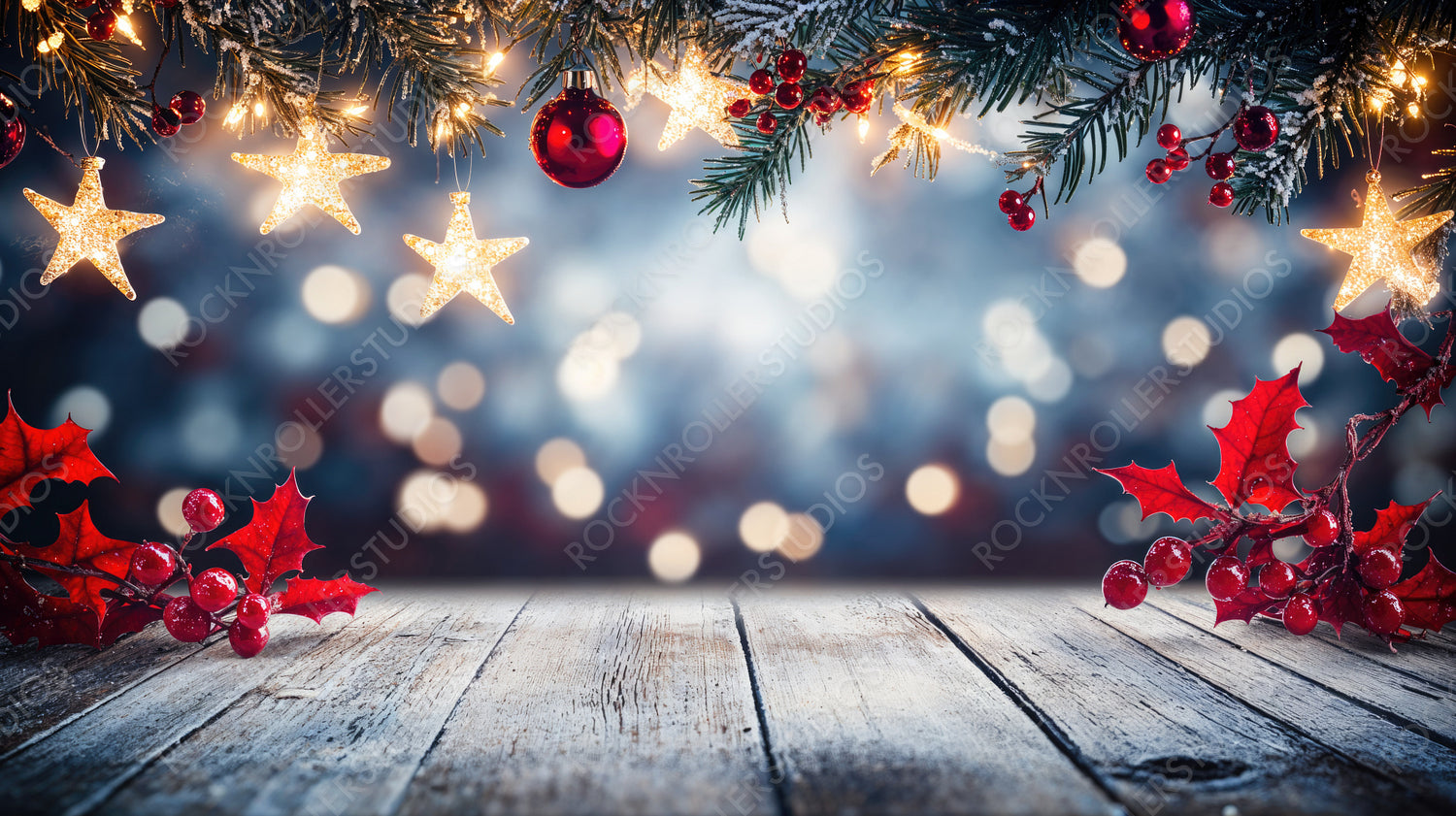 Festive Christmas Scene with Lights, Pine Branches, Ornaments, and Holly on Rustic Wooden Table