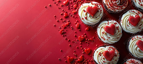 Red Valentine’s Day Banner with Cupcakes and Heart Decorations. Food Themed Background with copy-space.