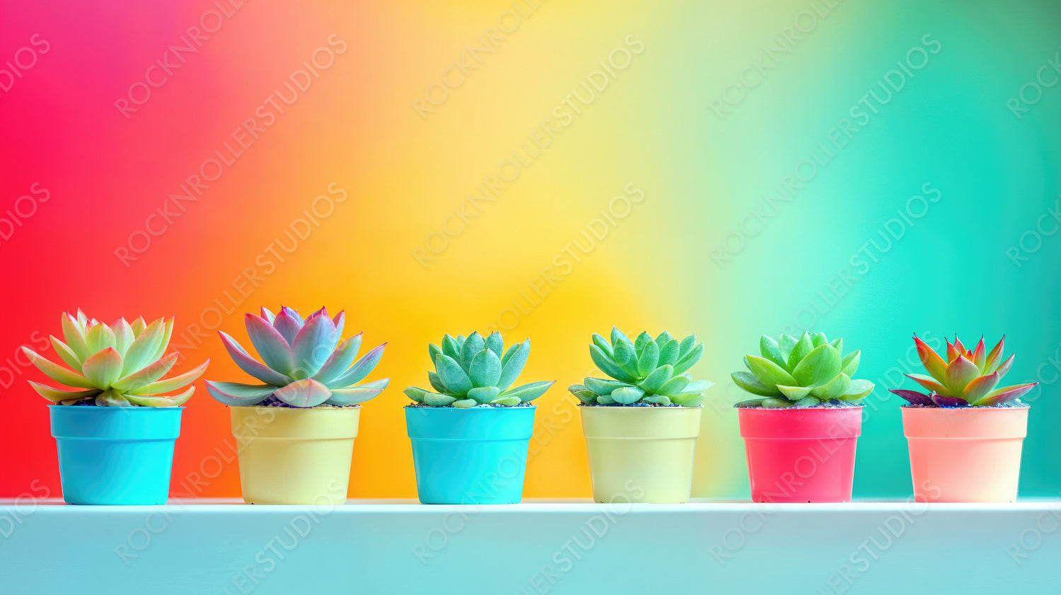 Rainbow Row of Succulents: Vibrant Potted Plants Against Gradient Background