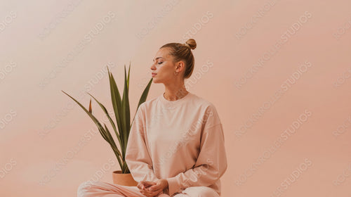 Woman Practicing Mindfulness with Plant - Peaceful Meditative Space