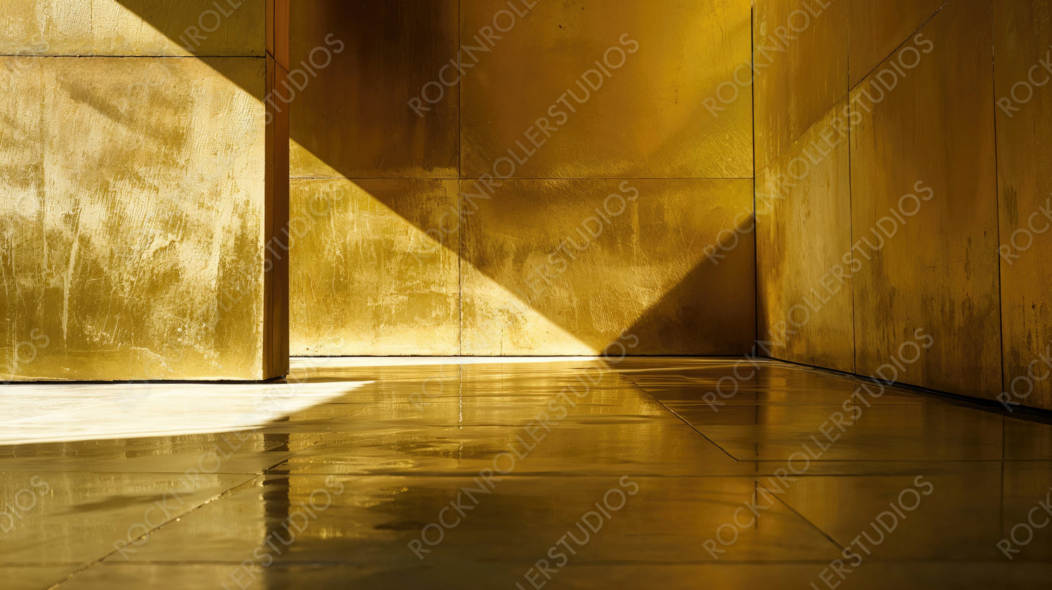 Golden Minimalist Interior with Dramatic Lighting and Shadows
