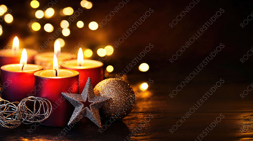 Cozy Christmas Candles with Pine Cones and Star Ornaments in a Warm Festive Atmosphere