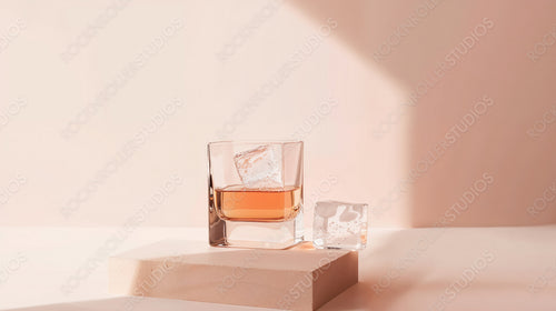 Refreshing Beverage in Stylish Glass with Ice Cubes and Soft Pink Light