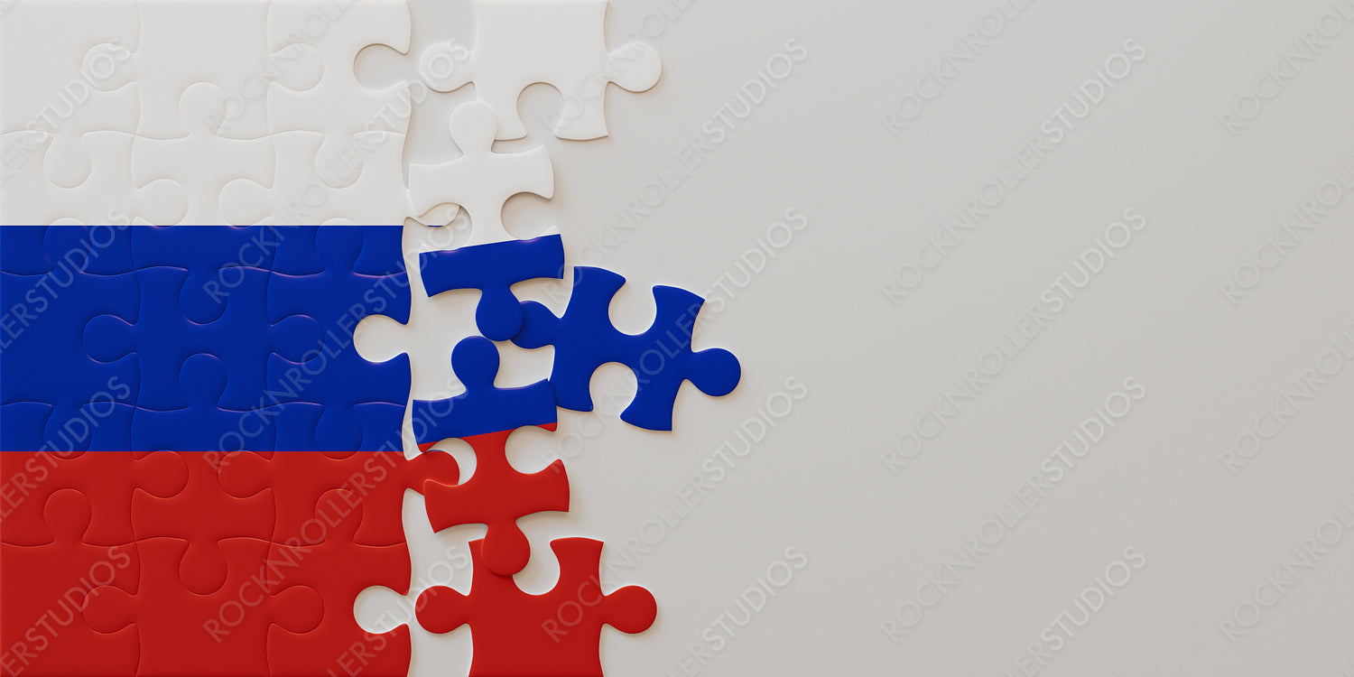Unfinished Russian Flag Puzzle: Vivid Pieces on White, Symbolizing Challenge and Disconnection