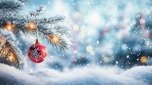 Snow-Covered Pine Branch with a Red Ornament in a Winter Wonderland Setting with Snowflakes